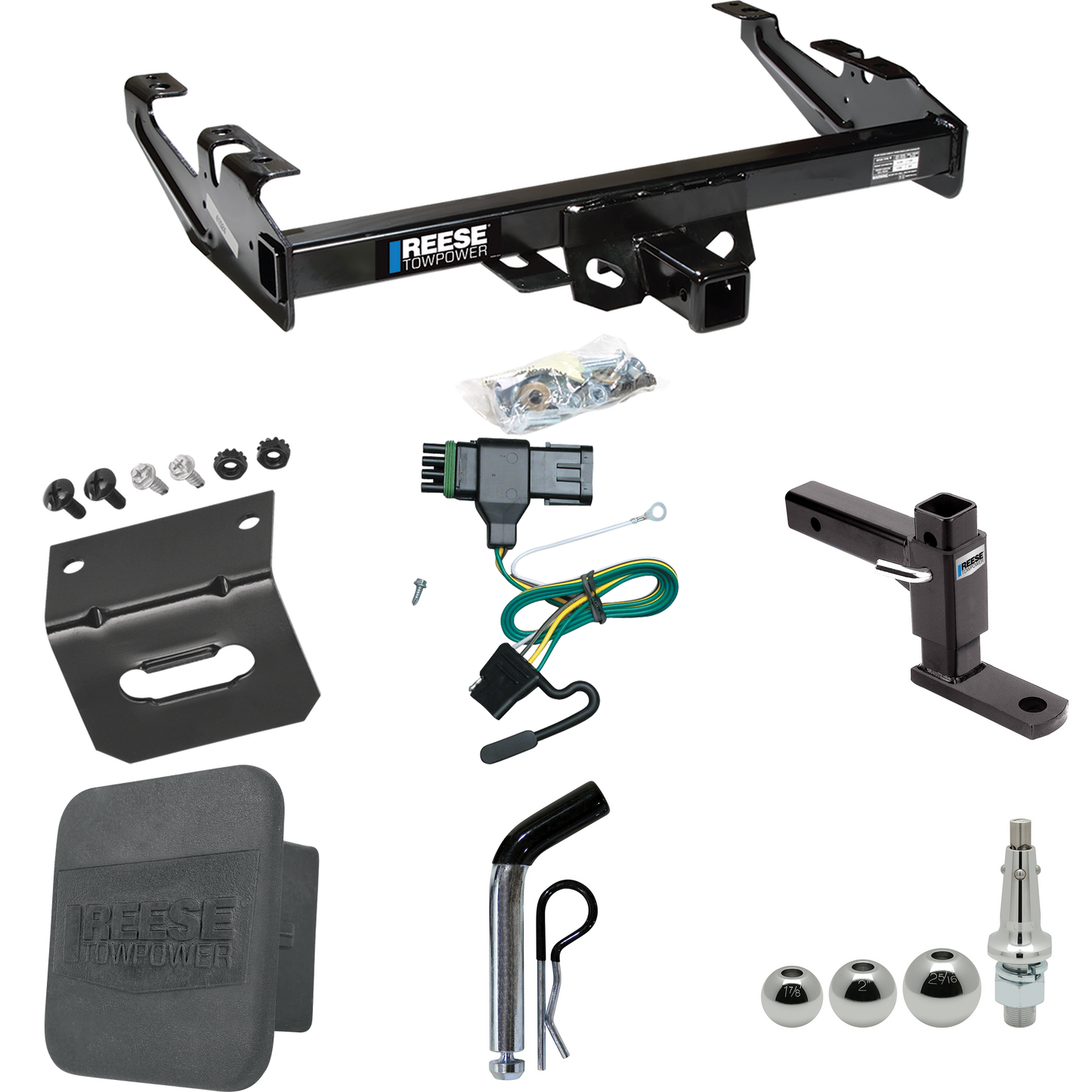 Fits 1988-1999 Chevrolet K1500 Trailer Hitch Tow PKG w/ 4-Flat Wiring + Adjustable Drop Rise Ball Mount + Pin/Clip + Inerchangeable 1-7/8" & 2" & 2-5/16" Balls + Wiring Bracket + Hitch Cover By Reese Towpower