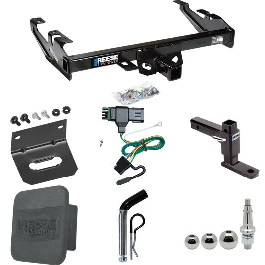 Fits 1988-1999 Chevrolet K1500 Trailer Hitch Tow PKG w/ 4-Flat Wiring + Adjustable Drop Rise Ball Mount + Pin/Clip + Inerchangeable 1-7/8" & 2" & 2-5/16" Balls + Wiring Bracket + Hitch Cover By Reese Towpower