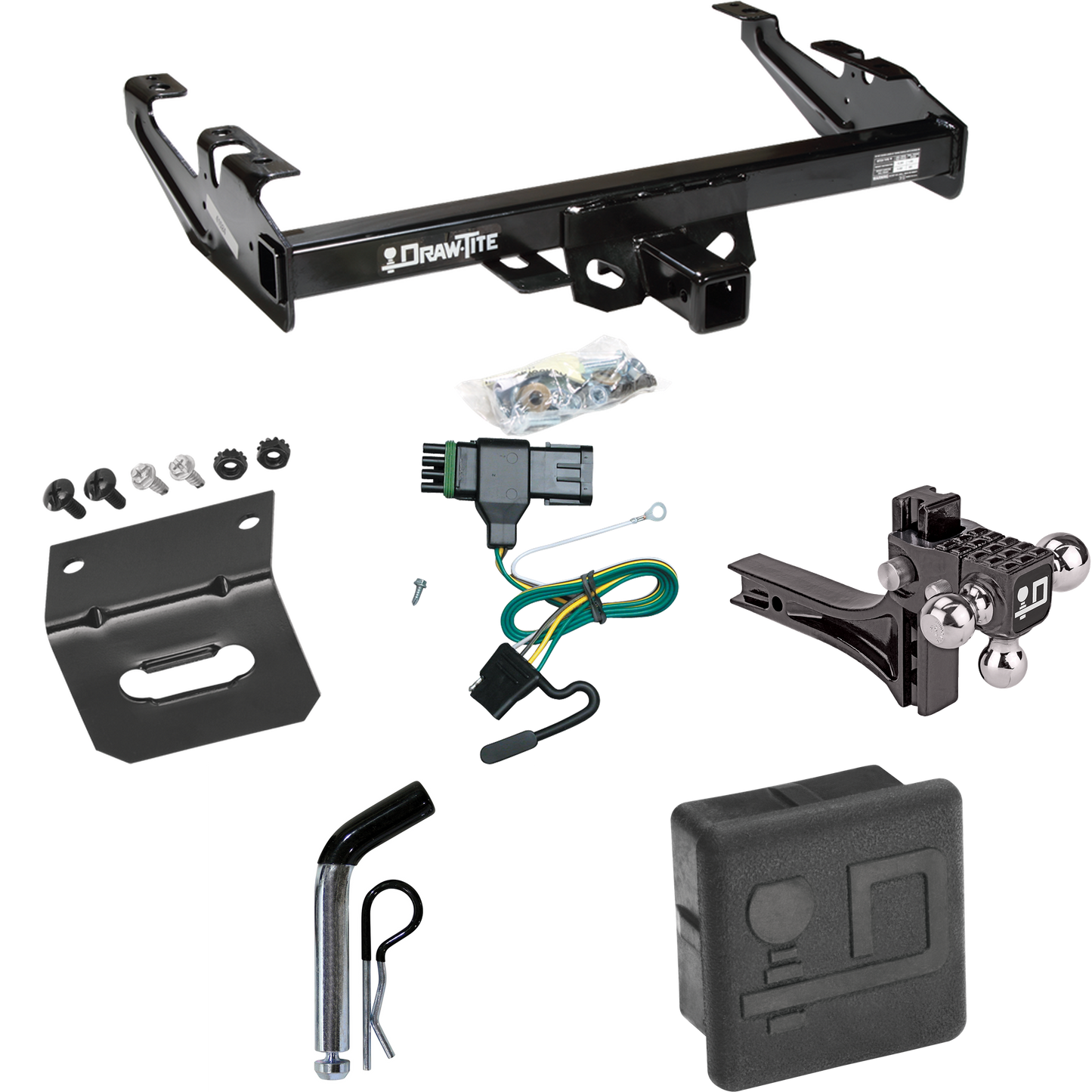 Fits 1988-1999 Chevrolet K1500 Trailer Hitch Tow PKG w/ 4-Flat Wiring + Adjustable Drop Rise Triple Ball Ball Mount 1-7/8" & 2" & 2-5/16" Trailer Balls + Pin/Clip + Wiring Bracket + Hitch Cover By Draw-Tite