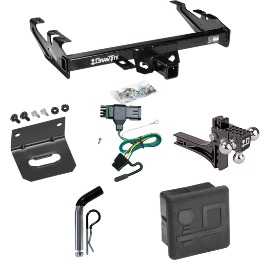 Fits 1988-1999 Chevrolet K1500 Trailer Hitch Tow PKG w/ 4-Flat Wiring + Adjustable Drop Rise Triple Ball Ball Mount 1-7/8" & 2" & 2-5/16" Trailer Balls + Pin/Clip + Wiring Bracket + Hitch Cover By Draw-Tite