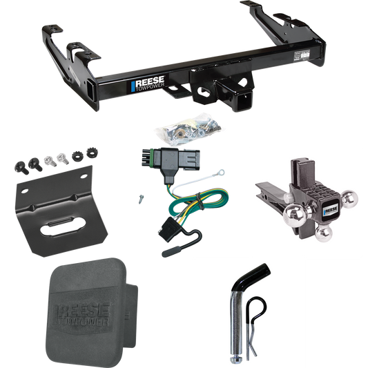 Fits 1992-2000 Chevrolet C2500 Trailer Hitch Tow PKG w/ 4-Flat Wiring + Adjustable Drop Rise Triple Ball Ball Mount 1-7/8" & 2" & 2-5/16" Trailer Balls + Pin/Clip + Wiring Bracket + Hitch Cover (For Crew Cab Models) By Reese Towpower