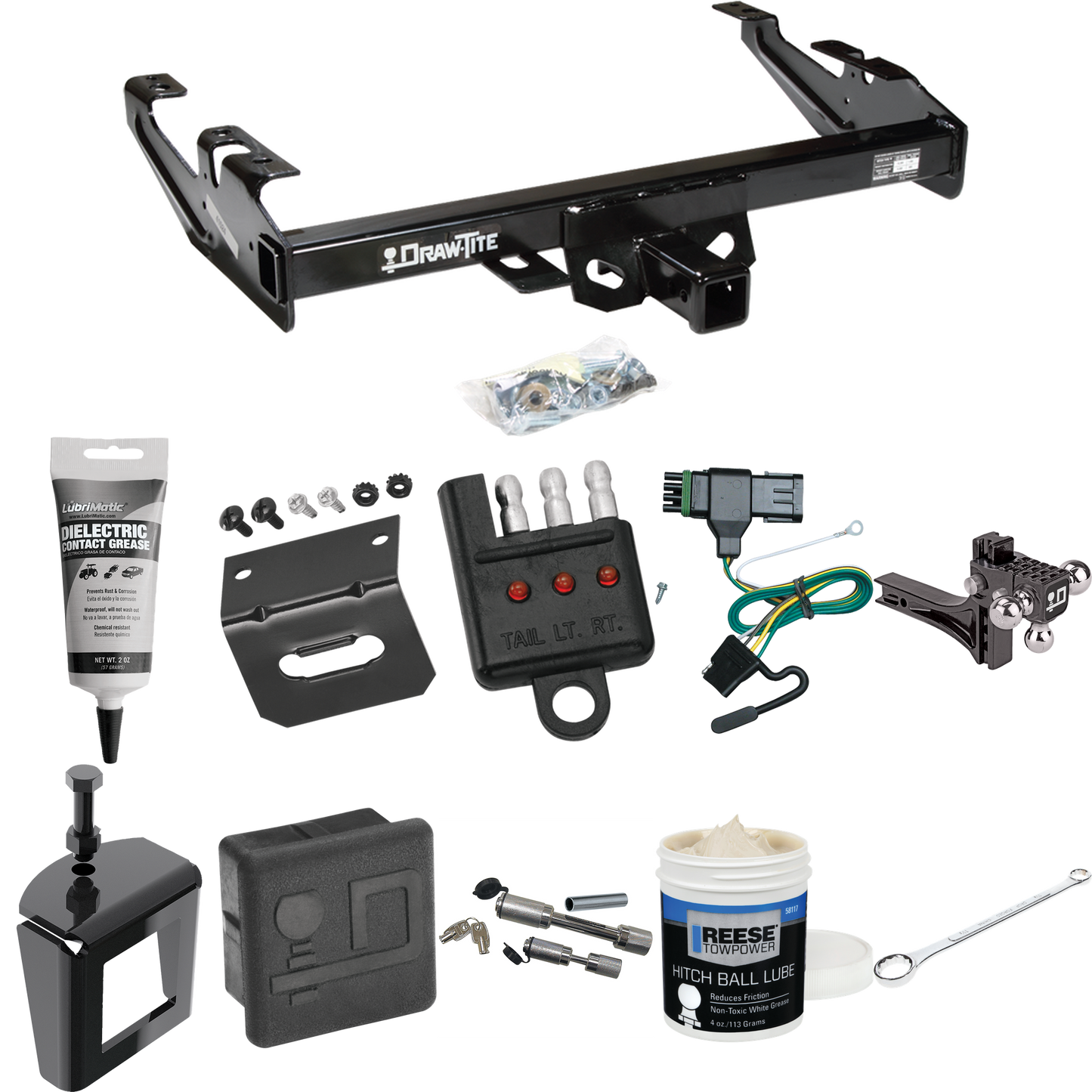 Fits 1992-2000 Chevrolet C2500 Trailer Hitch Tow PKG w/ 4-Flat Wiring + Adjustable Drop Rise Triple Ball Ball Mount 1-7/8" & 2" & 2-5/16" Trailer Balls + Wiring Bracket + Hitch Cover + Dual Hitch & Coupler Locks + Wiring Tester + Ball Lube + Electric