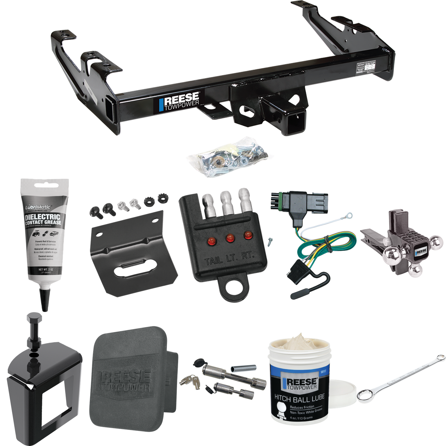 Fits 1988-2000 GMC K3500 Trailer Hitch Tow PKG w/ 4-Flat Wiring + Adjustable Drop Rise Triple Ball Ball Mount 1-7/8" & 2" & 2-5/16" Trailer Balls + Wiring Bracket + Hitch Cover + Dual Hitch & Coupler Locks + Wiring Tester + Ball Lube + Electric Greas