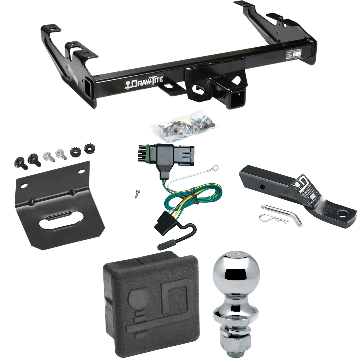 Fits 1992-2000 Chevrolet C3500 Trailer Hitch Tow PKG w/ 4-Flat Wiring + Ball Mount w/ 2" Drop + 1-7/8" Ball + Wiring Bracket + Hitch Cover (For Crew Cab Models) By Draw-Tite