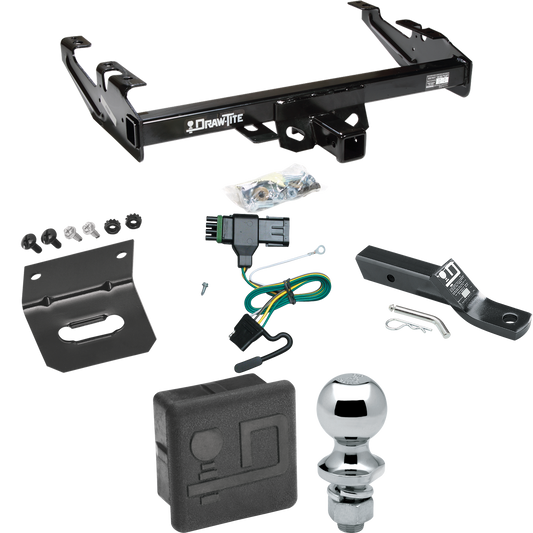 Fits 1992-2000 Chevrolet C3500 Trailer Hitch Tow PKG w/ 4-Flat Wiring + Ball Mount w/ 2" Drop + 1-7/8" Ball + Wiring Bracket + Hitch Cover (For Crew Cab Models) By Draw-Tite