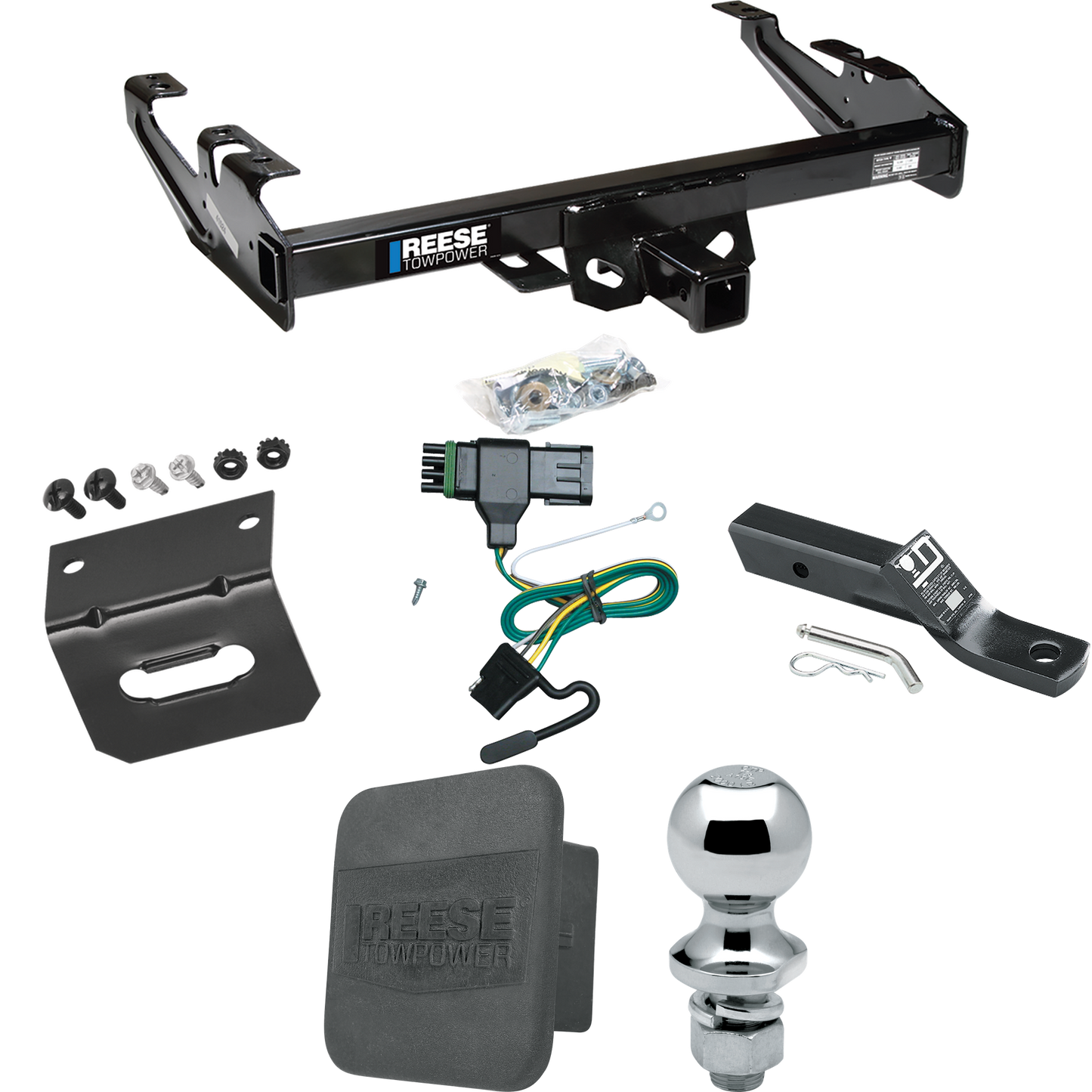 Fits 1988-2000 Chevrolet C3500 Trailer Hitch Tow PKG w/ 4-Flat Wiring + Ball Mount w/ 2" Drop + 1-7/8" Ball + Wiring Bracket + Hitch Cover (For Regular & Extended Cabs Models) By Reese Towpower