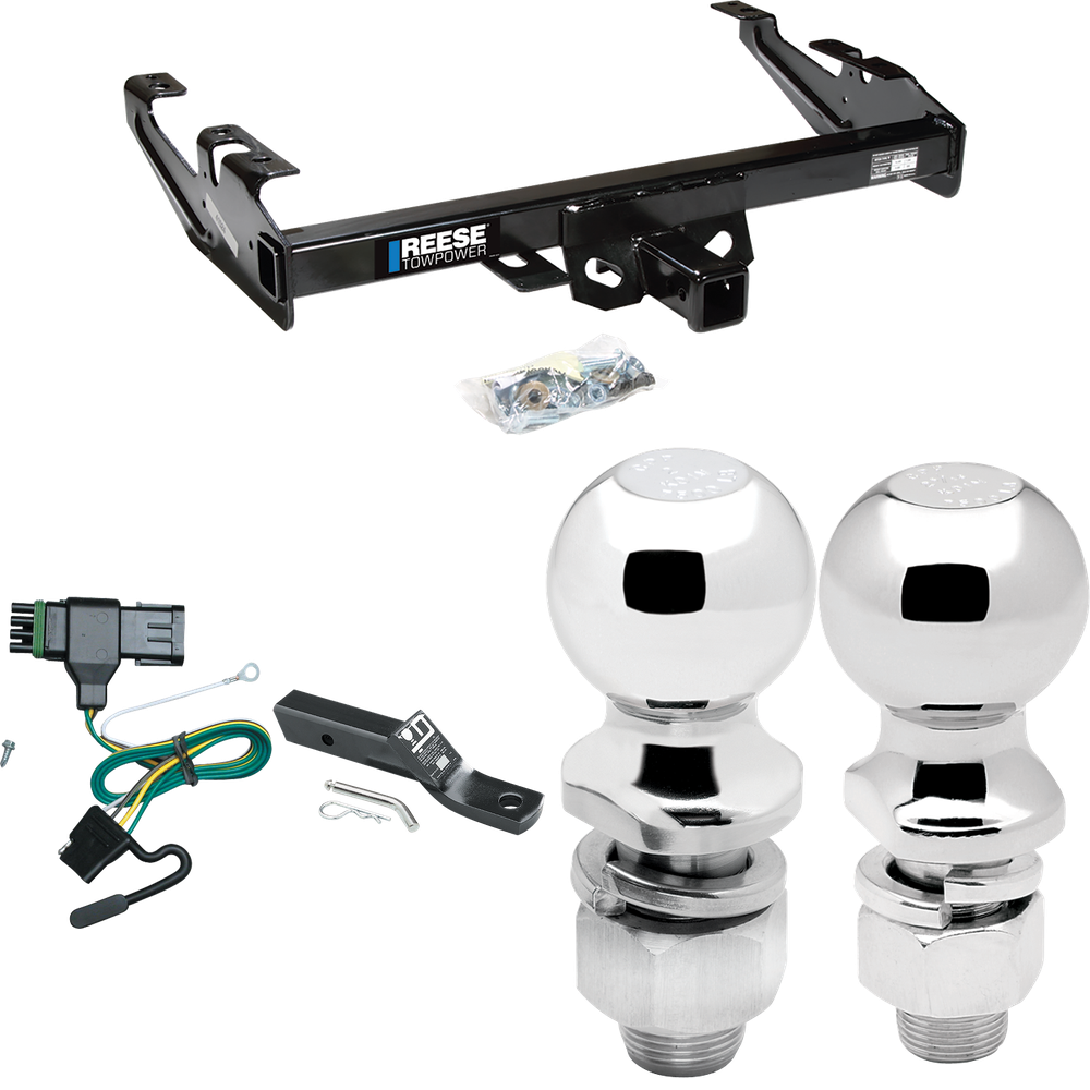 Fits 1988-1999 Chevrolet K2500 Trailer Hitch Tow PKG w/ 4-Flat Wiring + Ball Mount w/ 2" Drop + 2" Ball + 2-5/16" Ball (For Regular & Extended Cabs Models) By Reese Towpower