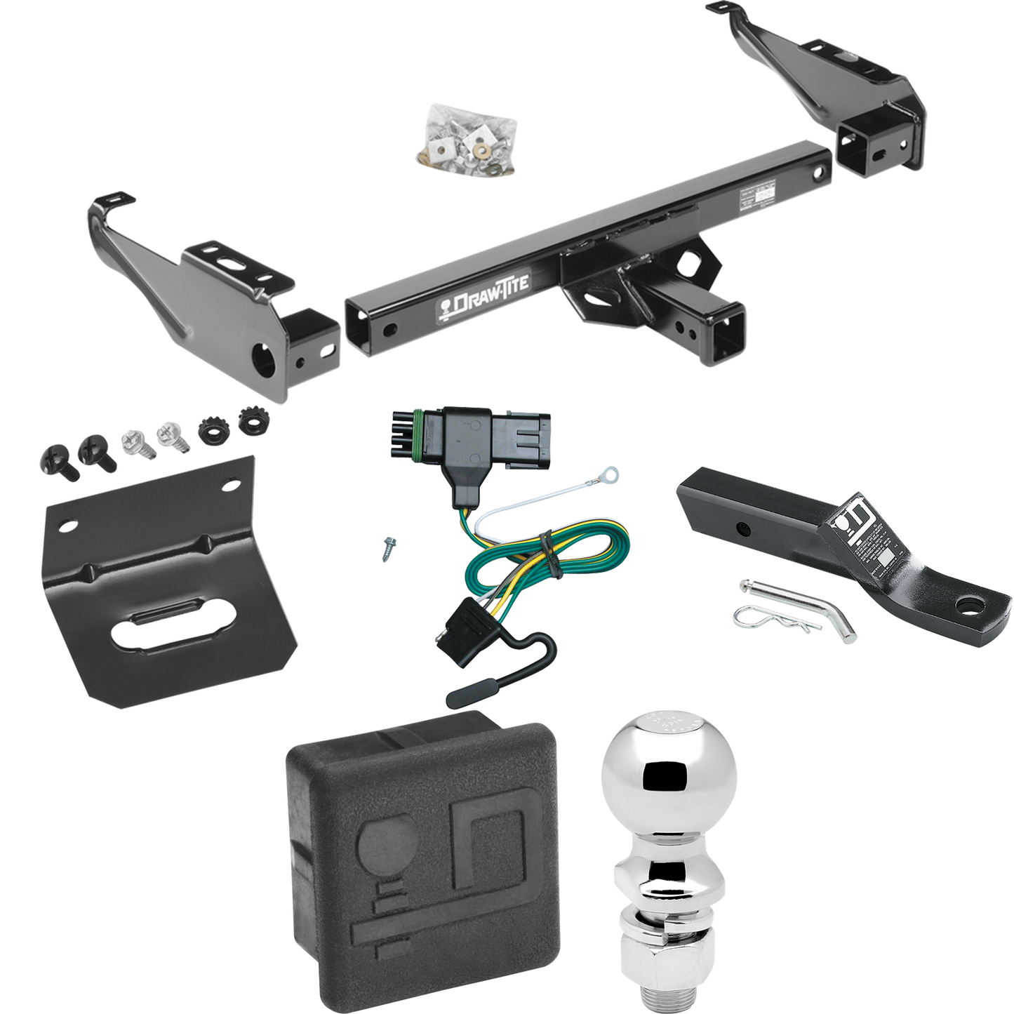 Fits 1988-1999 GMC C1500 Trailer Hitch Tow PKG w/ 4-Flat Wiring + Ball Mount w/ 2" Drop + 2-5/16" Ball + Wiring Bracket + Hitch Cover By Draw-Tite