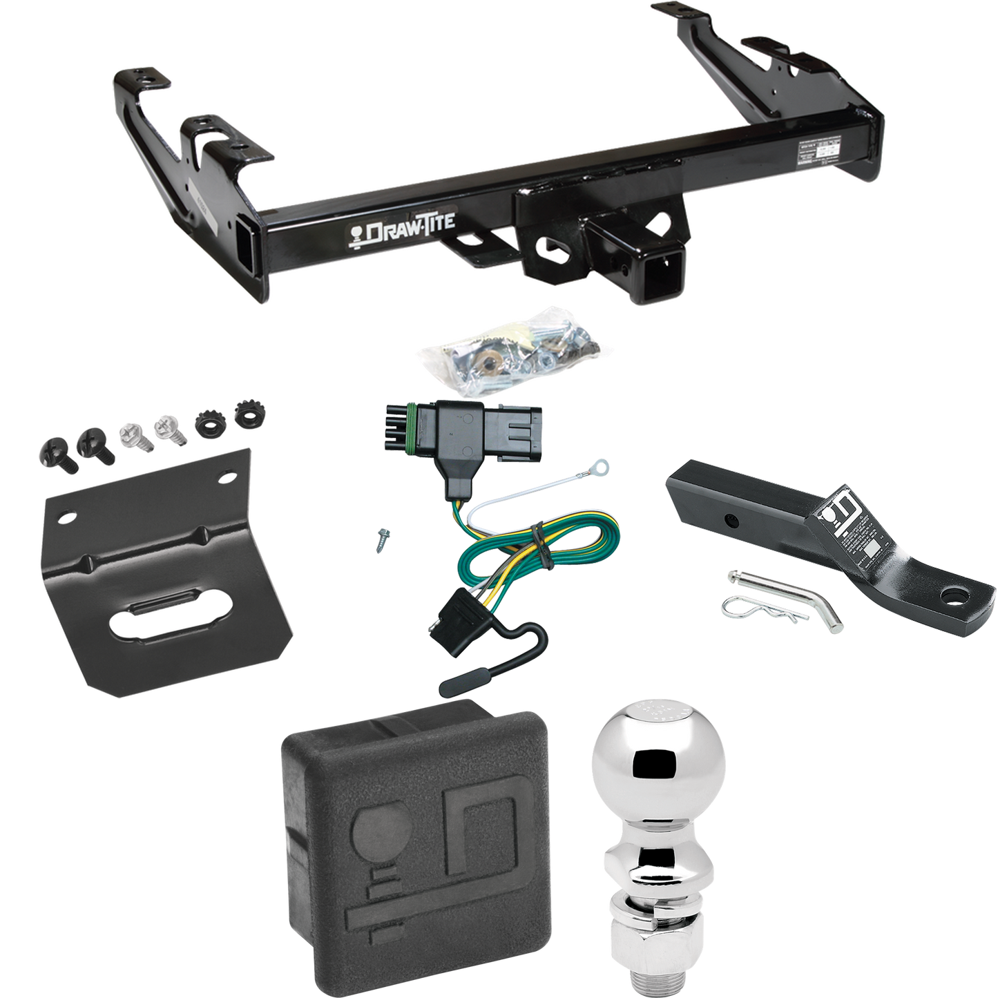 Fits 1992-2000 Chevrolet C2500 Trailer Hitch Tow PKG w/ 4-Flat Wiring + Ball Mount w/ 2" Drop + 2-5/16" Ball + Wiring Bracket + Hitch Cover (For Crew Cab Models) By Draw-Tite