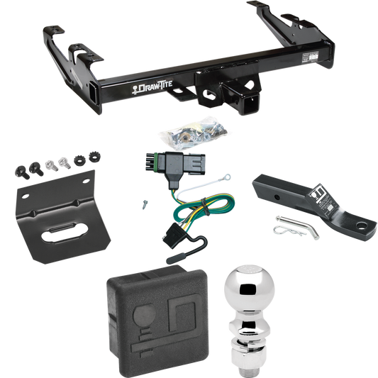 Fits 1992-2000 Chevrolet C2500 Trailer Hitch Tow PKG w/ 4-Flat Wiring + Ball Mount w/ 2" Drop + 2-5/16" Ball + Wiring Bracket + Hitch Cover (For Crew Cab Models) By Draw-Tite