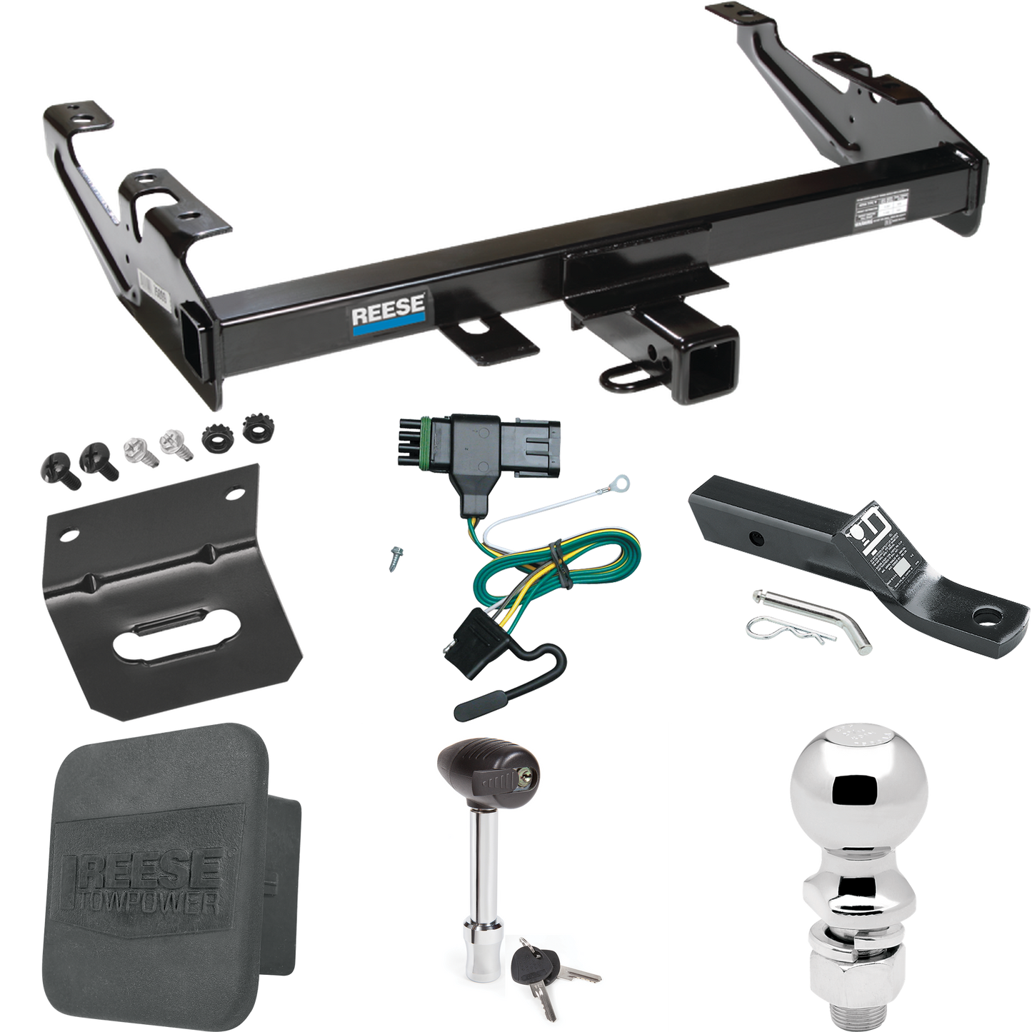 Fits 1988-1999 GMC K1500 Trailer Hitch Tow PKG w/ 4-Flat Wiring + Ball Mount w/ 2" Drop + 2-5/16" Ball + Wiring Bracket + Hitch Lock + Hitch Cover By Reese Towpower