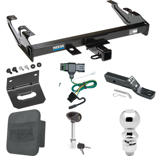 Fits 1988-1999 GMC K1500 Trailer Hitch Tow PKG w/ 4-Flat Wiring + Ball Mount w/ 2" Drop + 2-5/16" Ball + Wiring Bracket + Hitch Lock + Hitch Cover By Reese Towpower