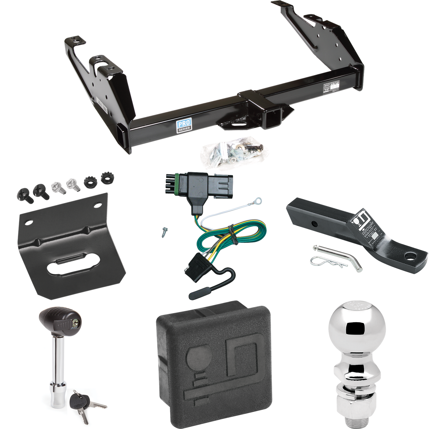 Fits 1988-2000 GMC K2500 Trailer Hitch Tow PKG w/ 4-Flat Wiring + Ball Mount w/ 2" Drop + 2-5/16" Ball + Wiring Bracket + Hitch Lock + Hitch Cover By Reese Towpower