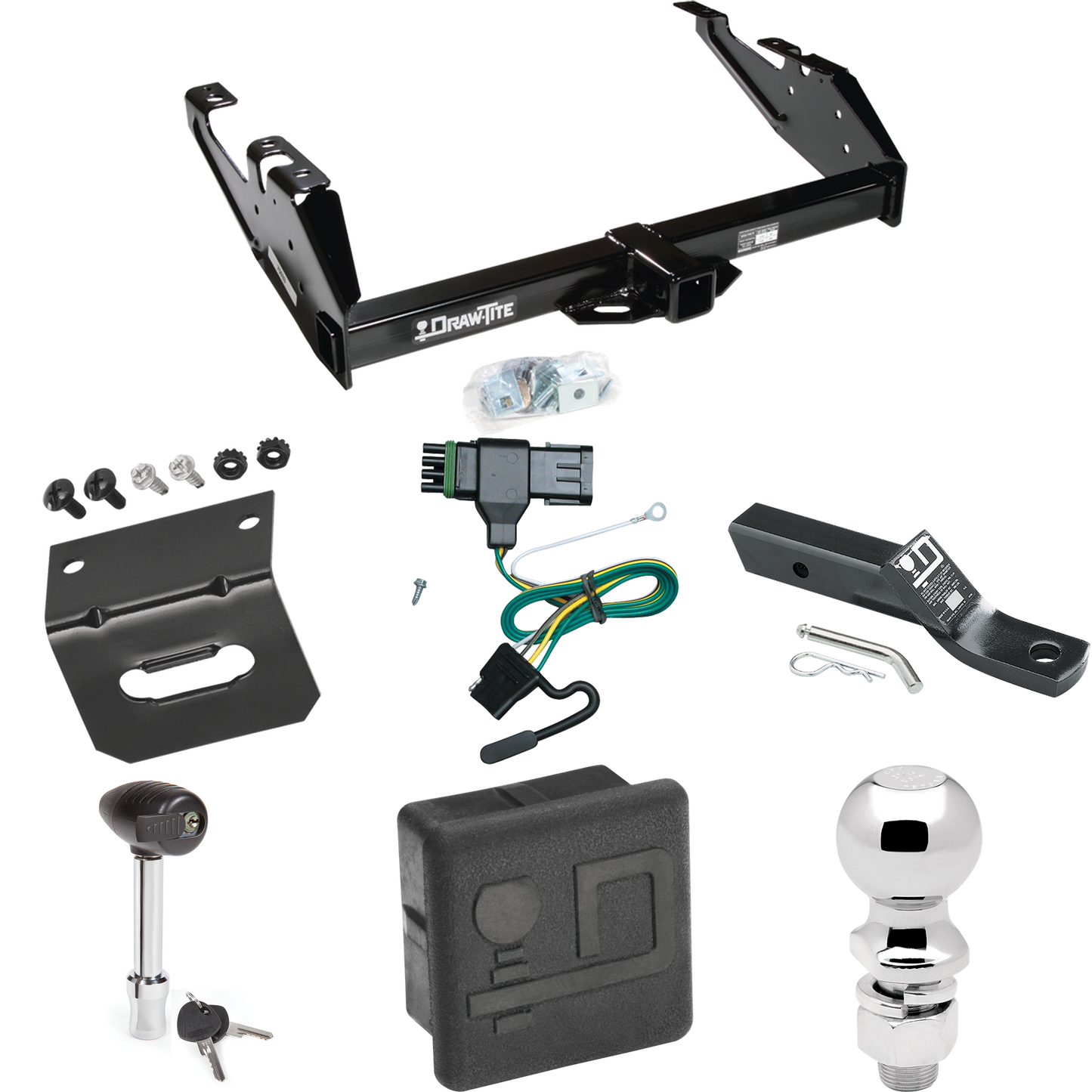 Fits 1988-2000 Chevrolet K3500 Trailer Hitch Tow PKG w/ 4-Flat Wiring + Ball Mount w/ 2" Drop + 2-5/16" Ball + Wiring Bracket + Hitch Lock + Hitch Cover (For Regular & Extended Cabs Models) By Draw-Tite