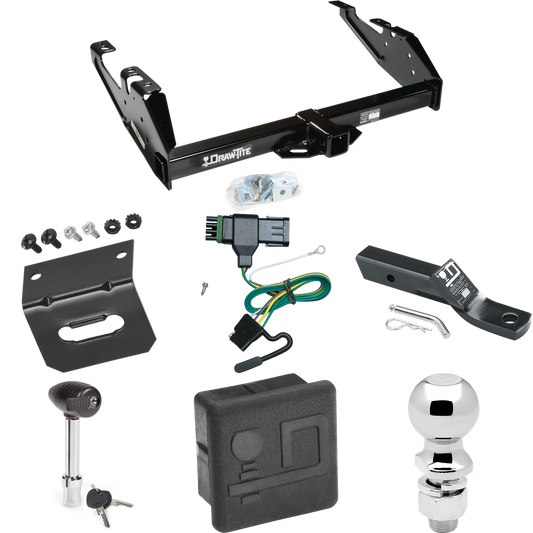 Fits 1988-2000 Chevrolet K3500 Trailer Hitch Tow PKG w/ 4-Flat Wiring + Ball Mount w/ 2" Drop + 2-5/16" Ball + Wiring Bracket + Hitch Lock + Hitch Cover (For Regular & Extended Cabs Models) By Draw-Tite