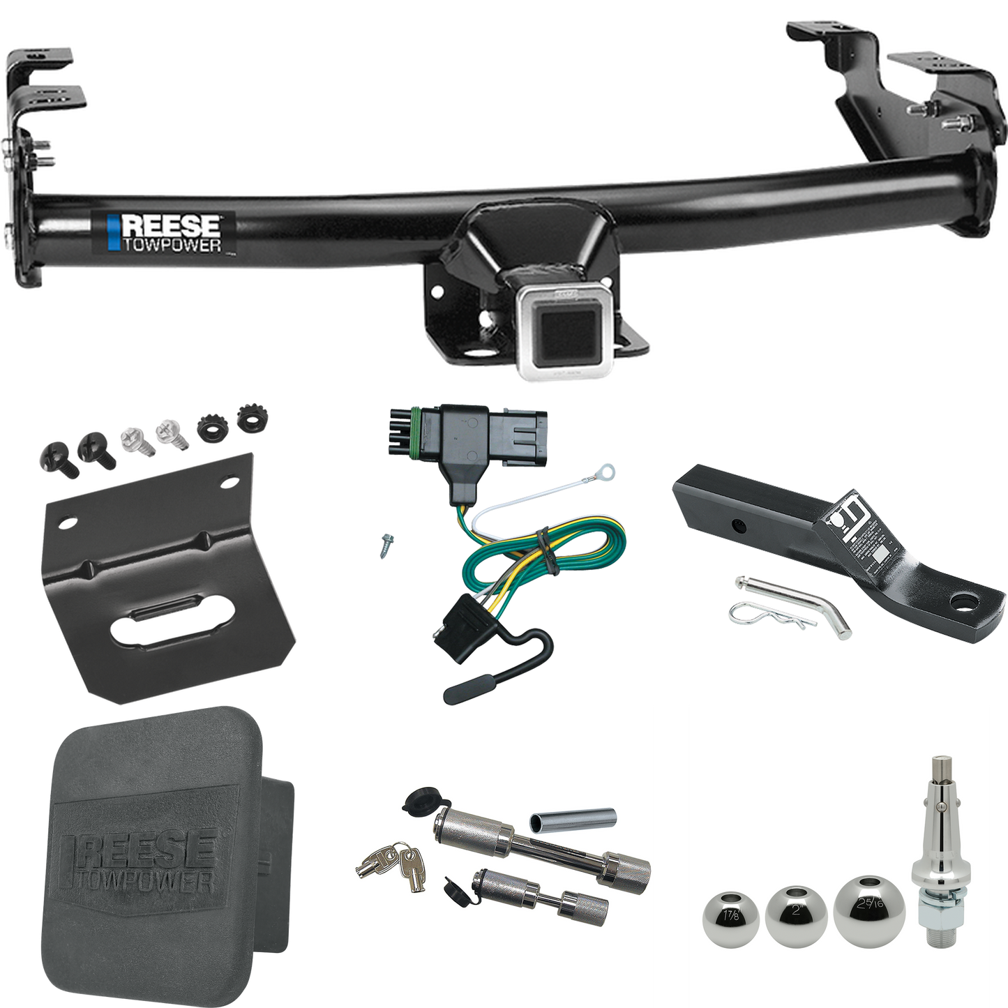 Fits 1988-1999 Chevrolet K1500 Trailer Hitch Tow PKG w/ 4-Flat Wiring + Ball Mount w/ 2" Drop + Interchangeable Ball 1-7/8" & 2" & 2-5/16" + Wiring Bracket + Dual Hitch & Coupler Locks + Hitch Cover By Reese Towpower