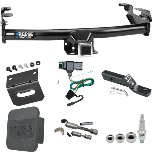 Fits 1988-1999 Chevrolet K1500 Trailer Hitch Tow PKG w/ 4-Flat Wiring + Ball Mount w/ 2" Drop + Interchangeable Ball 1-7/8" & 2" & 2-5/16" + Wiring Bracket + Dual Hitch & Coupler Locks + Hitch Cover By Reese Towpower