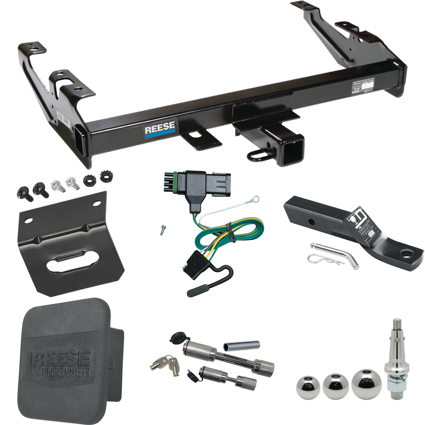 Fits 1992-2000 Chevrolet C3500 Trailer Hitch Tow PKG w/ 4-Flat Wiring + Ball Mount w/ 2" Drop + Interchangeable Ball 1-7/8" & 2" & 2-5/16" + Wiring Bracket + Dual Hitch & Coupler Locks + Hitch Cover (For Crew Cab Models) By Reese Towpower