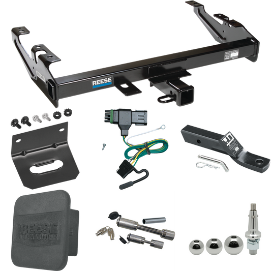 Fits 1992-2000 Chevrolet C3500 Trailer Hitch Tow PKG w/ 4-Flat Wiring + Ball Mount w/ 2" Drop + Interchangeable Ball 1-7/8" & 2" & 2-5/16" + Wiring Bracket + Dual Hitch & Coupler Locks + Hitch Cover (For Crew Cab Models) By Reese Towpower