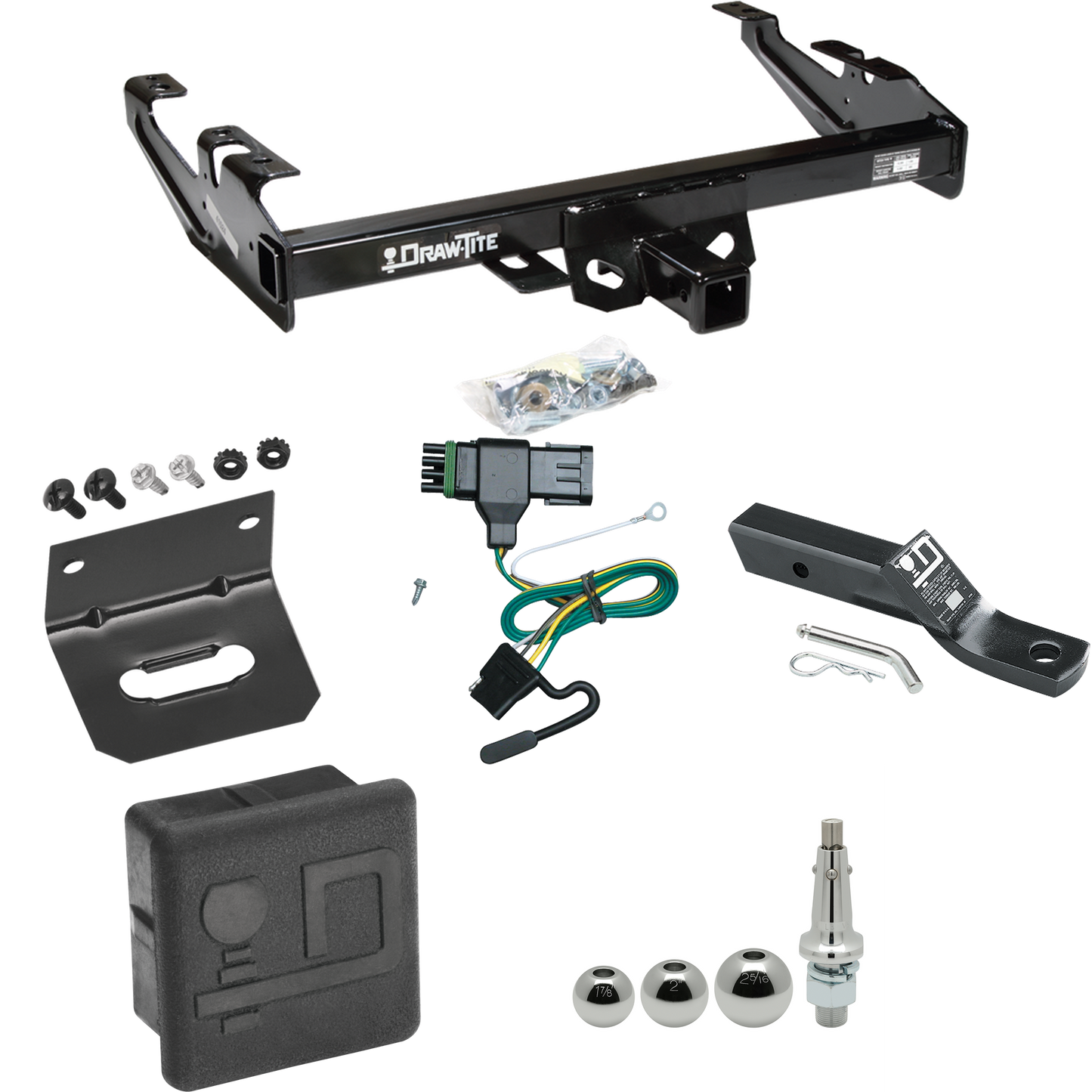 Fits 1988-1999 Chevrolet C1500 Trailer Hitch Tow PKG w/ 4-Flat Wiring + Ball Mount w/ 2" Drop + Interchangeable Ball 1-7/8" & 2" & 2-5/16" + Wiring Bracket + Hitch Cover By Draw-Tite