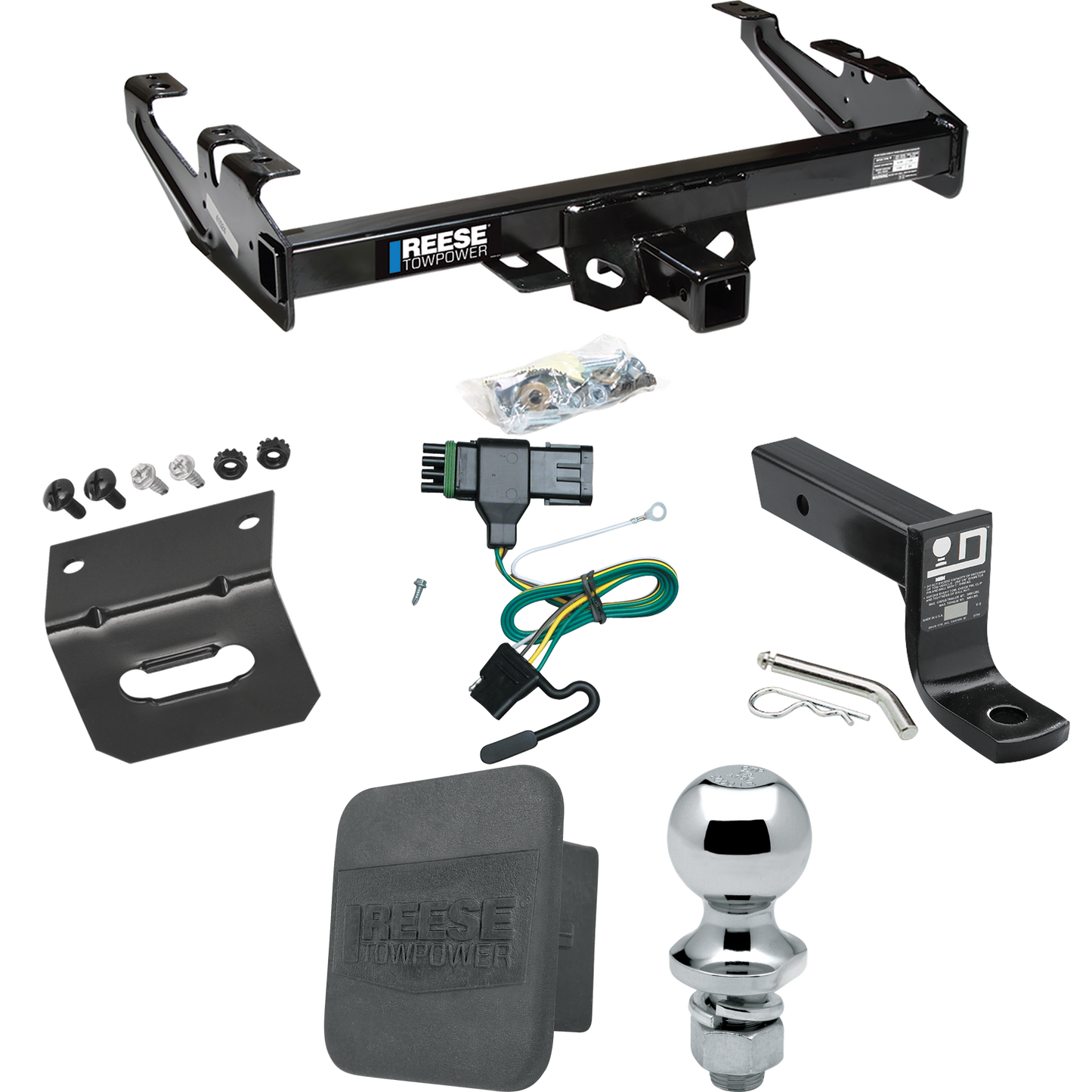 Fits 1988-1999 GMC K1500 Trailer Hitch Tow PKG w/ 4-Flat Wiring + Ball Mount w/ 4" Drop + 1-7/8" Ball + Wiring Bracket + Hitch Cover By Reese Towpower