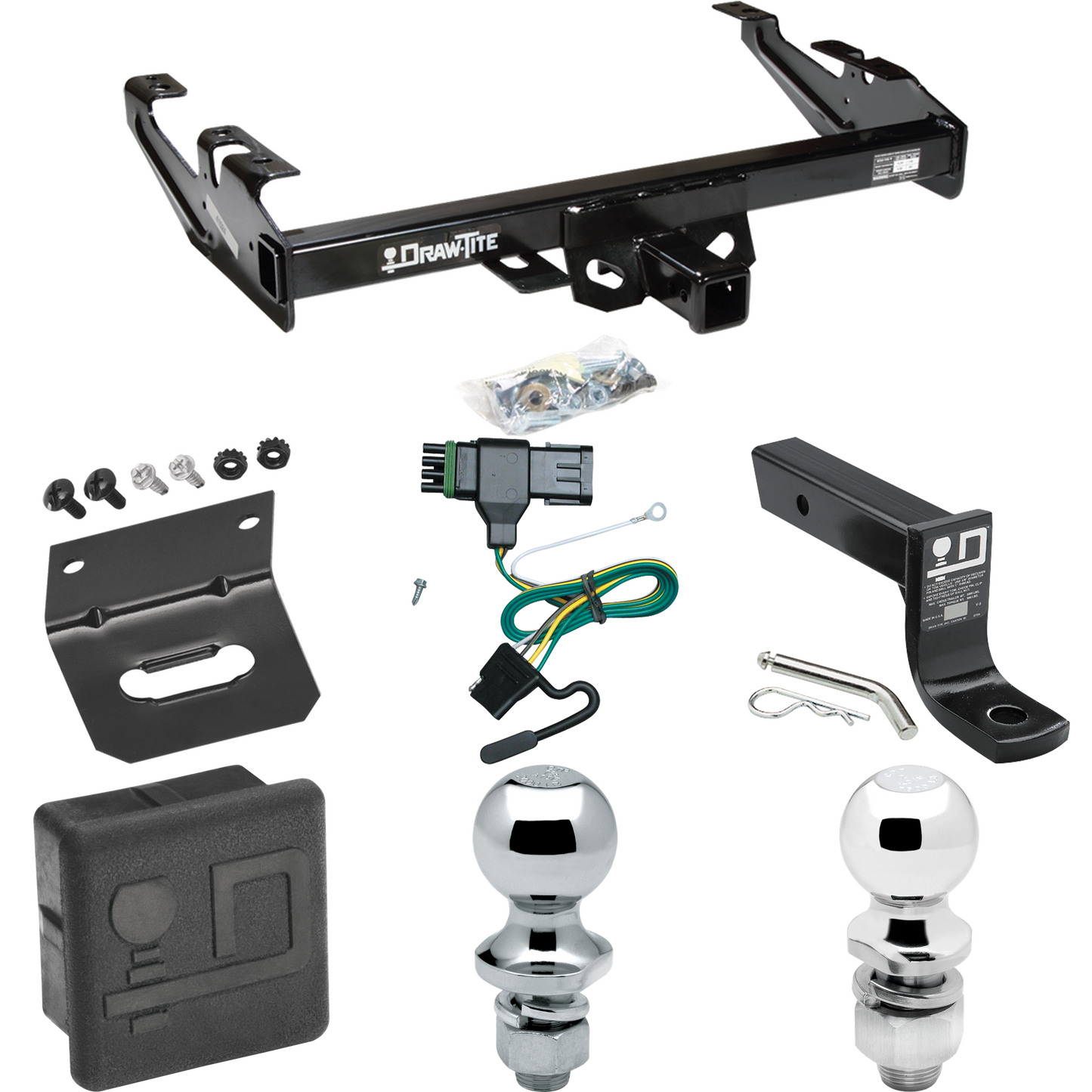 Fits 1992-2000 Chevrolet C3500 Trailer Hitch Tow PKG w/ 4-Flat Wiring + Ball Mount w/ 4" Drop + 2" Ball + 1-7/8" Ball + Wiring Bracket + Hitch Cover (For Crew Cab Models) By Draw-Tite