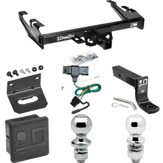 Fits 1992-2000 Chevrolet C3500 Trailer Hitch Tow PKG w/ 4-Flat Wiring + Ball Mount w/ 4" Drop + 2" Ball + 1-7/8" Ball + Wiring Bracket + Hitch Cover (For Crew Cab Models) By Draw-Tite