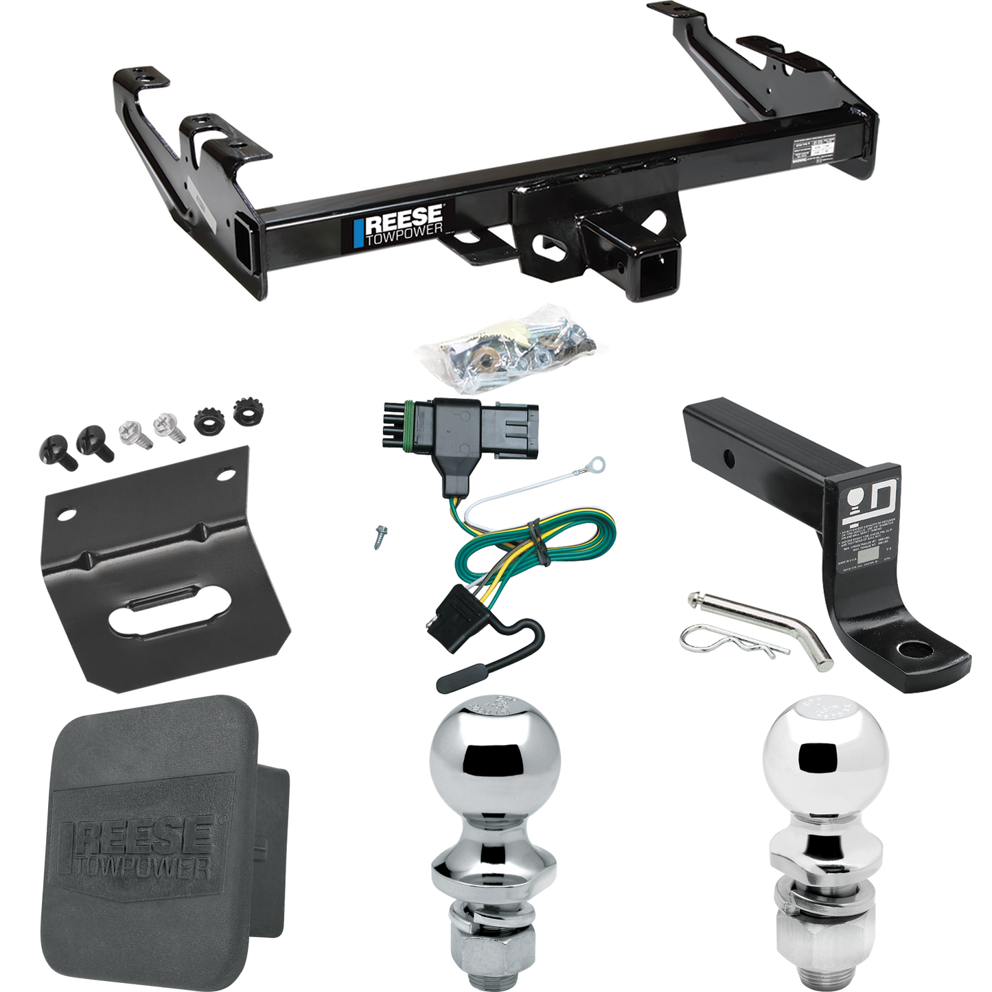 Fits 1988-2000 Chevrolet C3500 Trailer Hitch Tow PKG w/ 4-Flat Wiring + Ball Mount w/ 4" Drop + 2" Ball + 1-7/8" Ball + Wiring Bracket + Hitch Cover (For Regular & Extended Cabs Models) By Reese Towpower