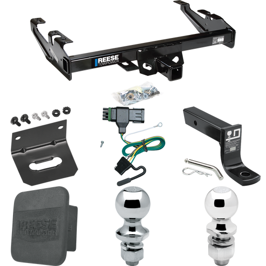 Fits 1988-2000 Chevrolet C3500 Trailer Hitch Tow PKG w/ 4-Flat Wiring + Ball Mount w/ 4" Drop + 2" Ball + 1-7/8" Ball + Wiring Bracket + Hitch Cover (For Regular & Extended Cabs Models) By Reese Towpower