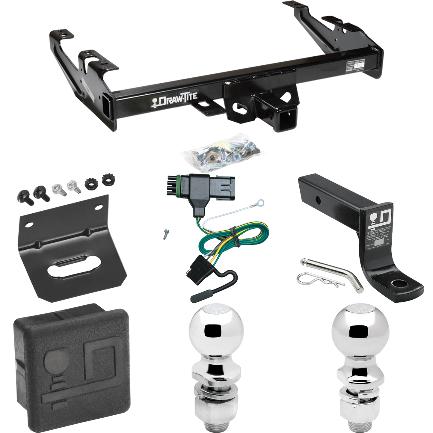 Fits 1988-2000 GMC K3500 Trailer Hitch Tow PKG w/ 4-Flat Wiring + Ball Mount w/ 4" Drop + 2" Ball + 2-5/16" Ball + Wiring Bracket + Hitch Cover By Draw-Tite