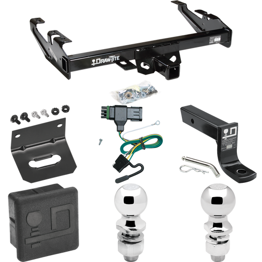 Fits 1988-2000 GMC K3500 Trailer Hitch Tow PKG w/ 4-Flat Wiring + Ball Mount w/ 4" Drop + 2" Ball + 2-5/16" Ball + Wiring Bracket + Hitch Cover By Draw-Tite