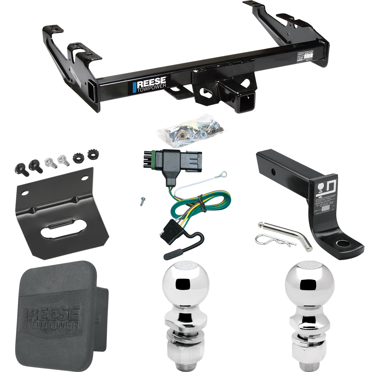 Fits 1992-2000 Chevrolet K2500 Trailer Hitch Tow PKG w/ 4-Flat Wiring + Ball Mount w/ 4" Drop + 2" Ball + 2-5/16" Ball + Wiring Bracket + Hitch Cover (For Crew Cab Models) By Reese Towpower