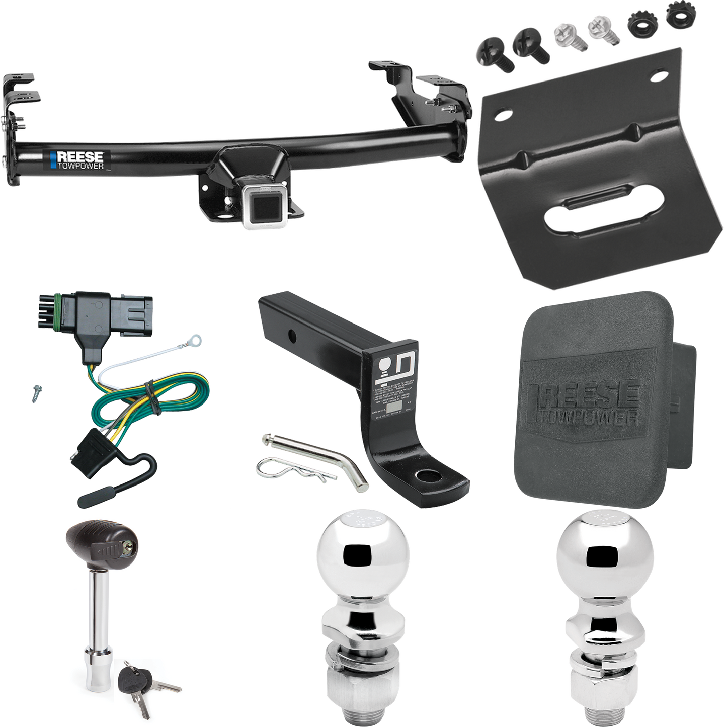 Fits 1988-1999 Chevrolet K1500 Trailer Hitch Tow PKG w/ 4-Flat Wiring + Ball Mount w/ 4" Drop + 2" Ball + 2-5/16" Ball + Wiring Bracket + Hitch Lock + Hitch Cover By Reese Towpower