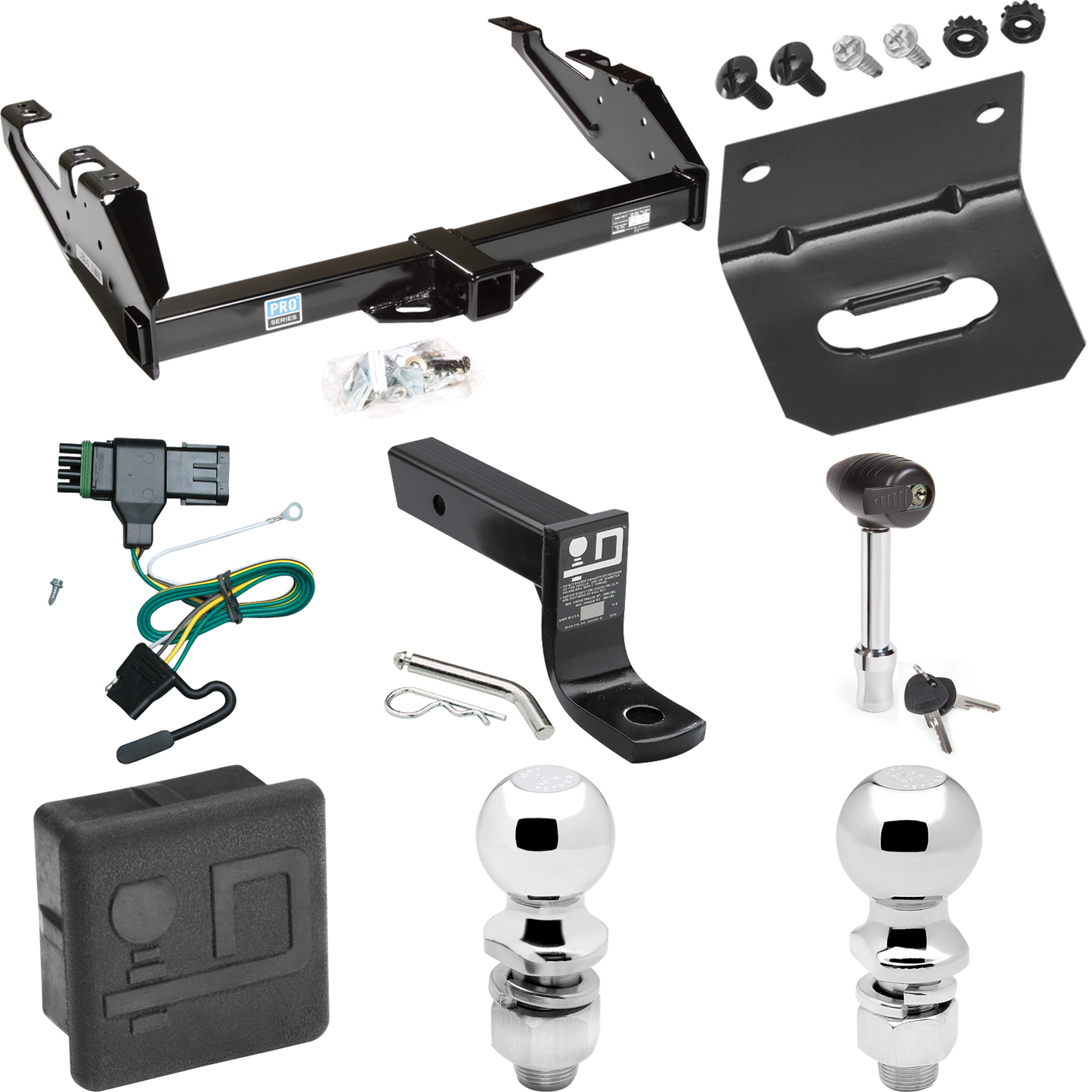 Fits 1988-2000 GMC C2500 Trailer Hitch Tow PKG w/ 4-Flat Wiring + Ball Mount w/ 4" Drop + 2" Ball + 2-5/16" Ball + Wiring Bracket + Hitch Lock + Hitch Cover By Reese Towpower