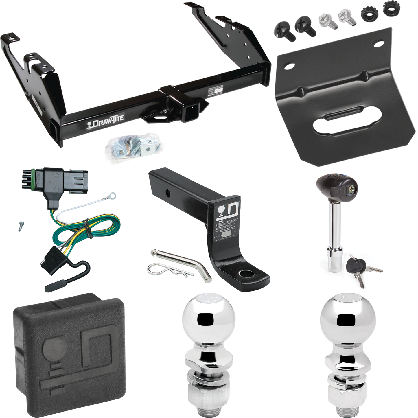 Fits 1988-2000 Chevrolet K3500 Trailer Hitch Tow PKG w/ 4-Flat Wiring + Ball Mount w/ 4" Drop + 2" Ball + 2-5/16" Ball + Wiring Bracket + Hitch Lock + Hitch Cover (For Regular & Extended Cabs Models) By Draw-Tite