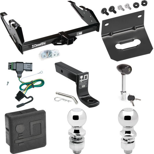 Fits 1988-2000 Chevrolet K3500 Trailer Hitch Tow PKG w/ 4-Flat Wiring + Ball Mount w/ 4" Drop + 2" Ball + 2-5/16" Ball + Wiring Bracket + Hitch Lock + Hitch Cover (For Regular & Extended Cabs Models) By Draw-Tite