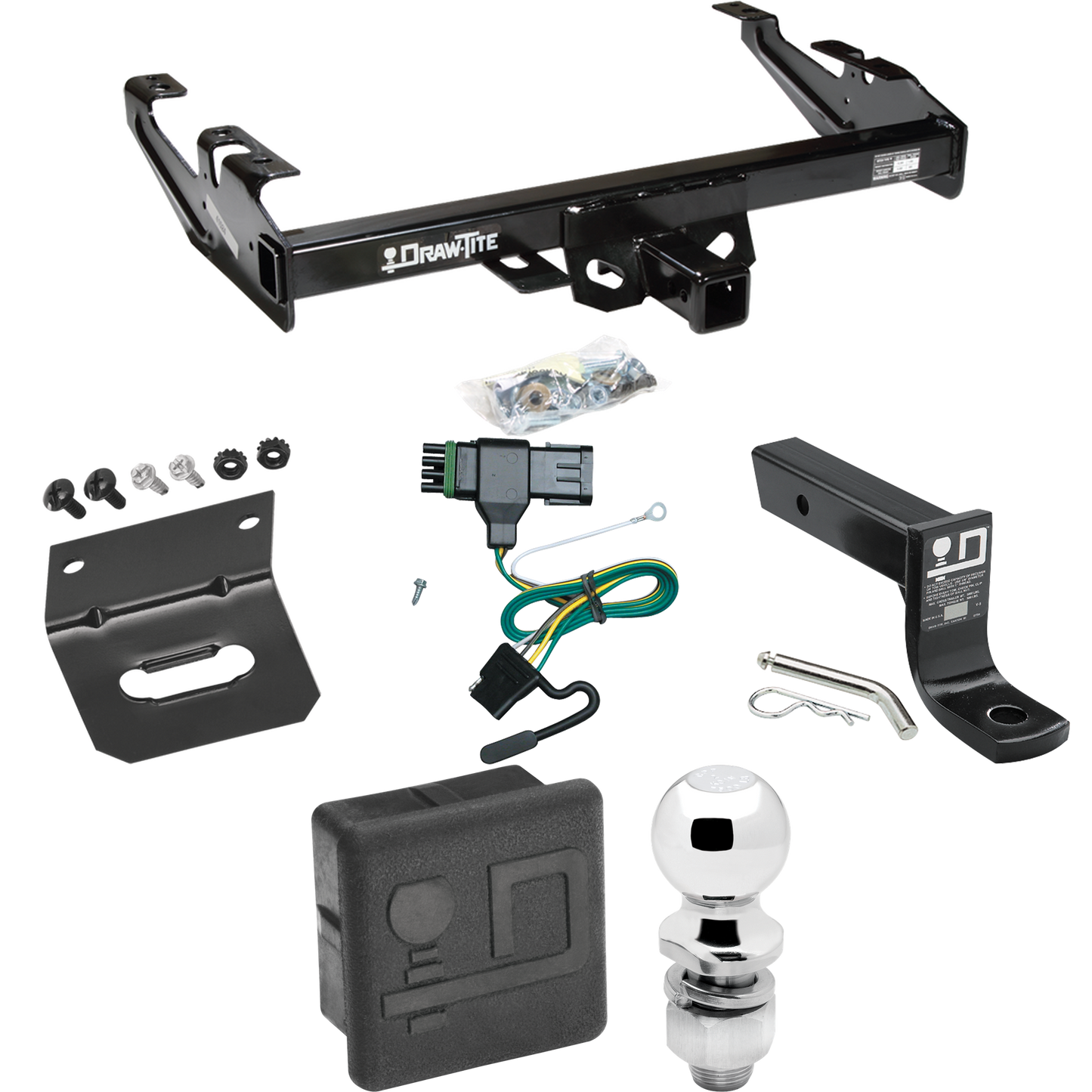 Fits 1992-2000 Chevrolet C2500 Trailer Hitch Tow PKG w/ 4-Flat Wiring + Ball Mount w/ 4" Drop + 2" Ball + Wiring Bracket + Hitch Cover (For Crew Cab Models) By Draw-Tite