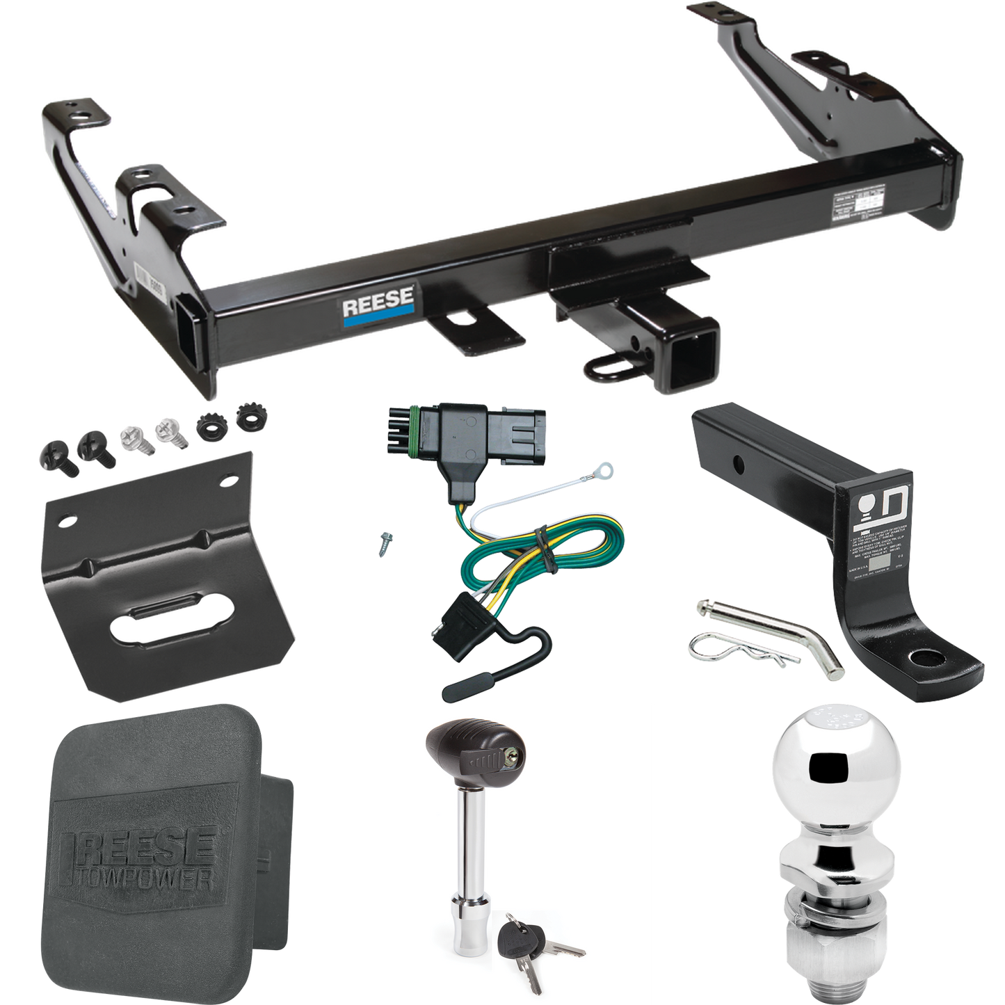 Fits 1988-2000 Chevrolet K3500 Trailer Hitch Tow PKG w/ 4-Flat Wiring + Ball Mount w/ 4" Drop + 2" Ball + Wiring Bracket + Hitch Lock + Hitch Cover (For Regular & Extended Cabs Models) By Reese Towpower