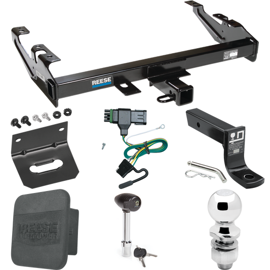 Fits 1988-2000 Chevrolet K3500 Trailer Hitch Tow PKG w/ 4-Flat Wiring + Ball Mount w/ 4" Drop + 2" Ball + Wiring Bracket + Hitch Lock + Hitch Cover (For Regular & Extended Cabs Models) By Reese Towpower