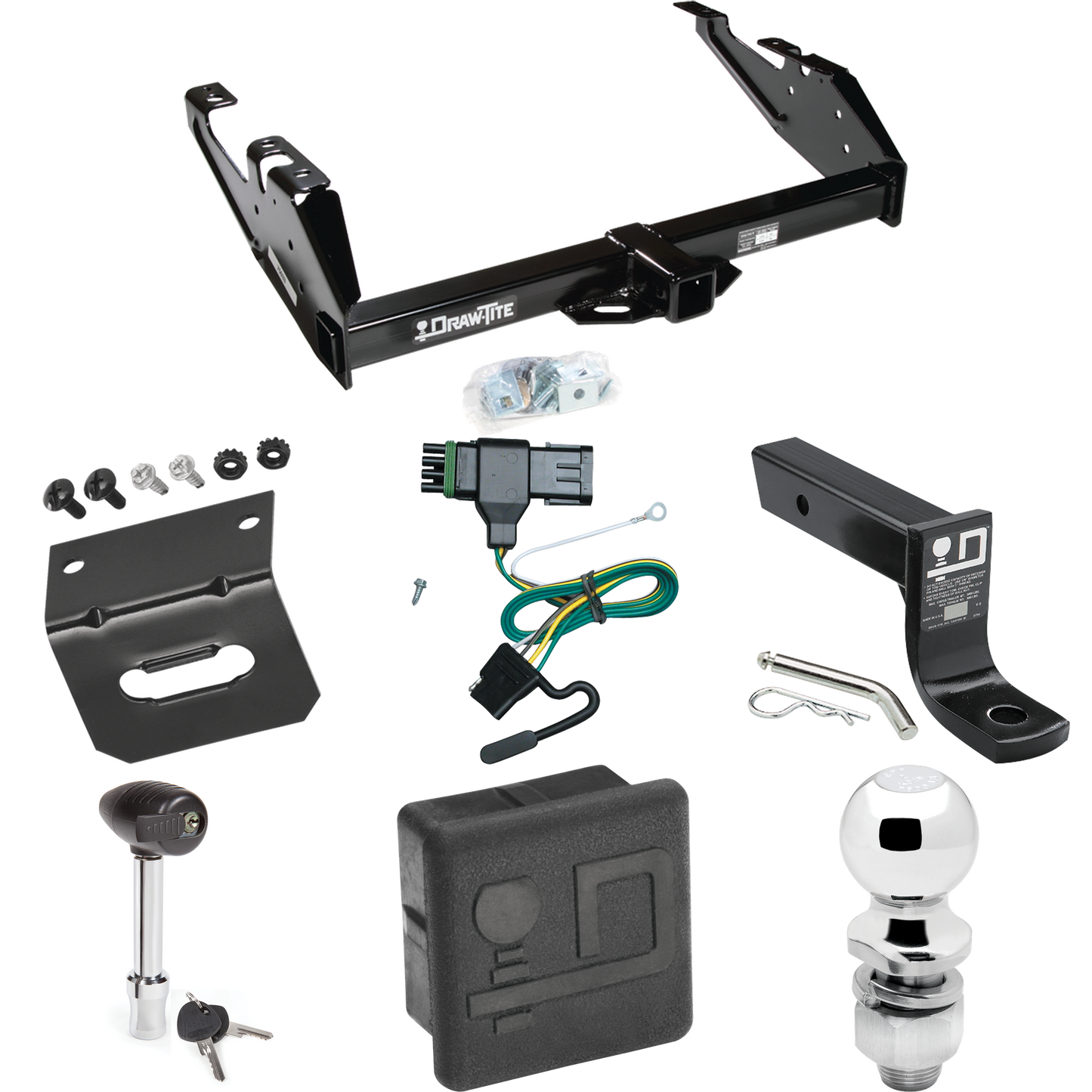 Fits 1988-1999 Chevrolet C2500 Trailer Hitch Tow PKG w/ 4-Flat Wiring + Ball Mount w/ 4" Drop + 2" Ball + Wiring Bracket + Hitch Lock + Hitch Cover (For Regular & Extended Cabs Models) By Draw-Tite