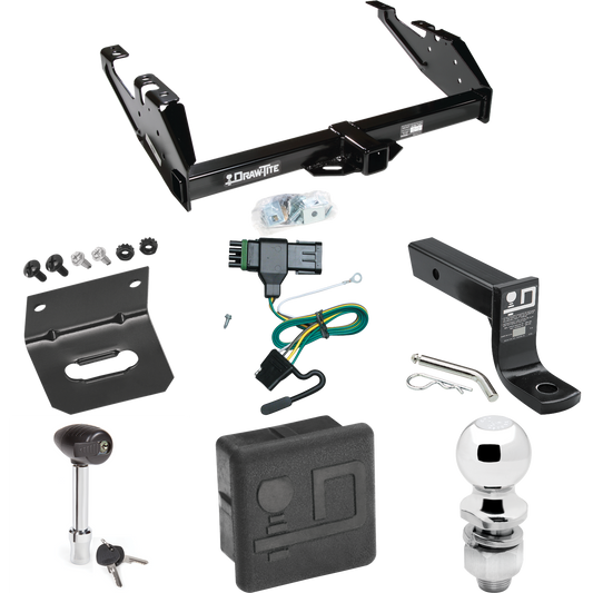 Fits 1988-1999 Chevrolet C2500 Trailer Hitch Tow PKG w/ 4-Flat Wiring + Ball Mount w/ 4" Drop + 2" Ball + Wiring Bracket + Hitch Lock + Hitch Cover (For Regular & Extended Cabs Models) By Draw-Tite