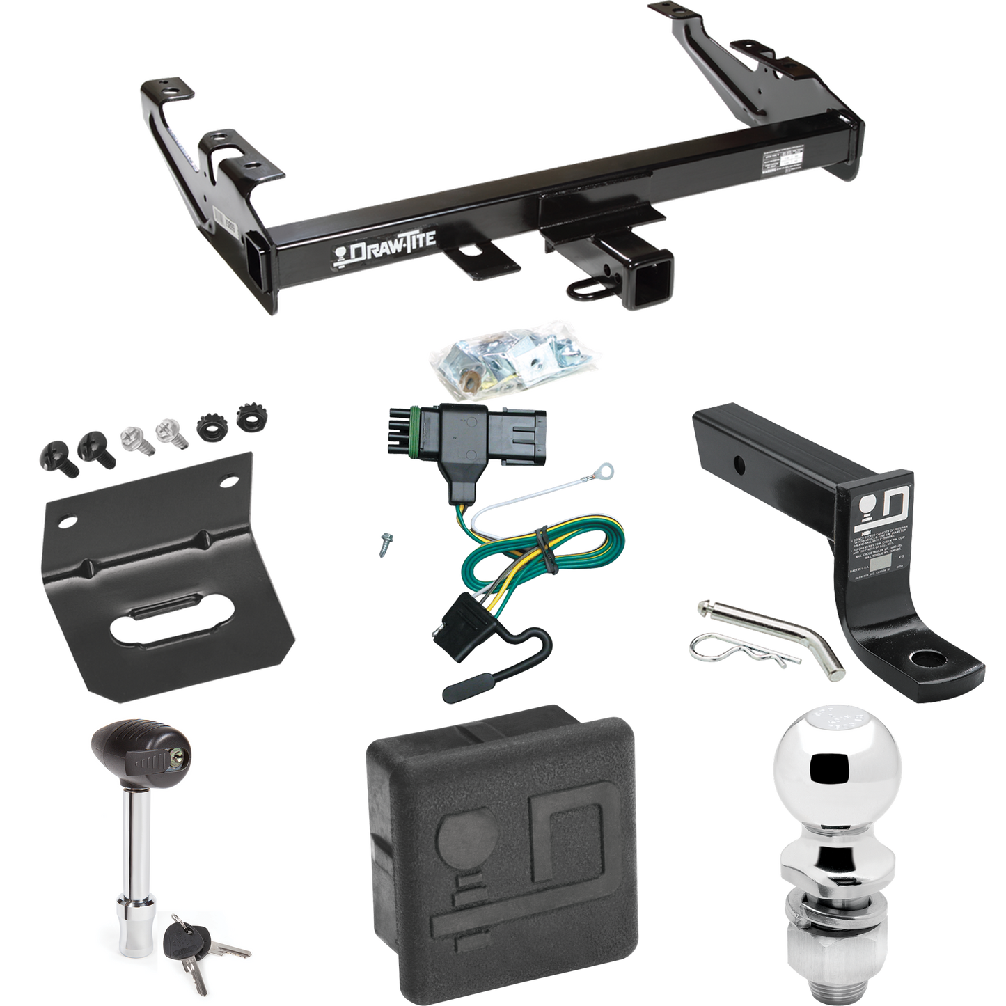 Se adapta al paquete de enganche de remolque GMC C3500 1988-2000 con 4 cables planos + soporte de bola con caída de 4" + bola de 2" + soporte de cableado + bloqueo de enganche + cubierta de enganche de Draw-Tite