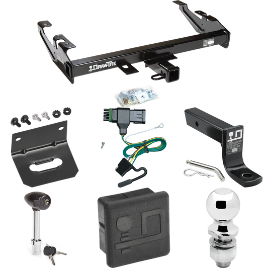 Se adapta al paquete de enganche de remolque GMC C3500 1988-2000 con 4 cables planos + soporte de bola con caída de 4" + bola de 2" + soporte de cableado + bloqueo de enganche + cubierta de enganche de Draw-Tite