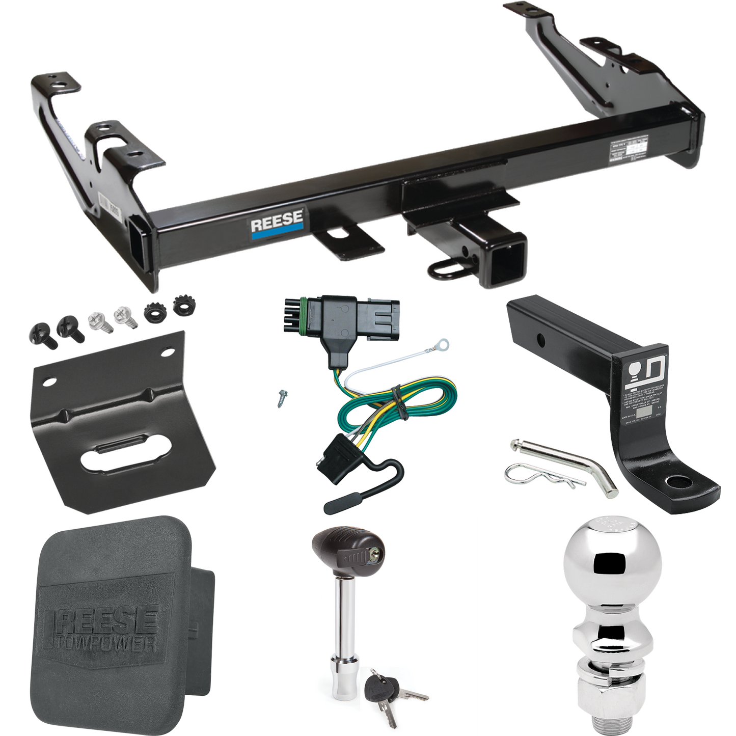 Fits 1988-2000 GMC K2500 Trailer Hitch Tow PKG w/ 4-Flat Wiring + Ball Mount w/ 4" Drop + 2-5/16" Ball + Wiring Bracket + Hitch Lock + Hitch Cover By Reese Towpower