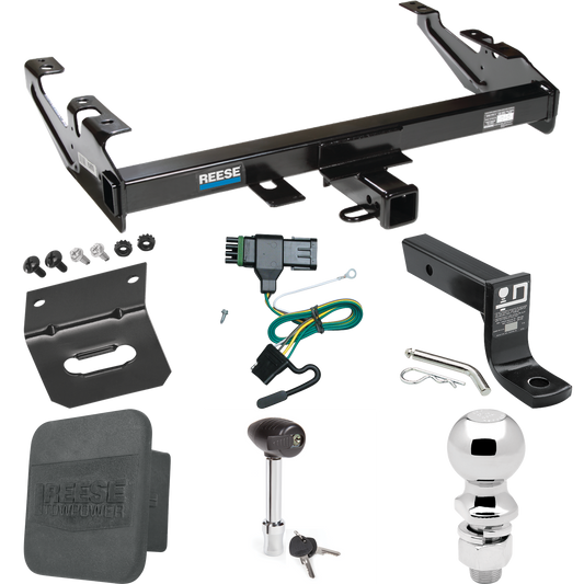 Fits 1988-2000 GMC K2500 Trailer Hitch Tow PKG w/ 4-Flat Wiring + Ball Mount w/ 4" Drop + 2-5/16" Ball + Wiring Bracket + Hitch Lock + Hitch Cover By Reese Towpower