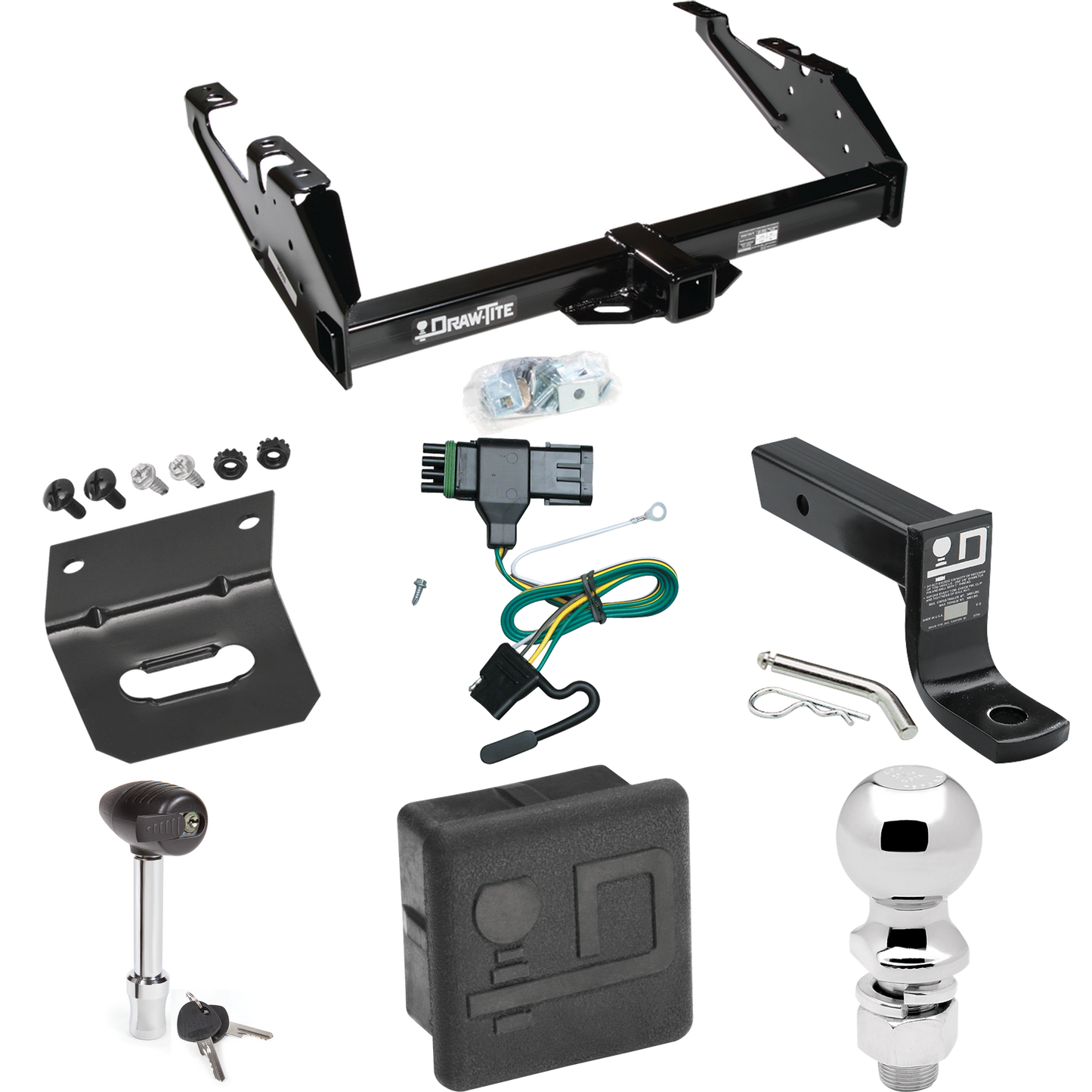 Fits 1988-2000 GMC K3500 Trailer Hitch Tow PKG w/ 4-Flat Wiring + Ball Mount w/ 4" Drop + 2-5/16" Ball + Wiring Bracket + Hitch Lock + Hitch Cover By Draw-Tite