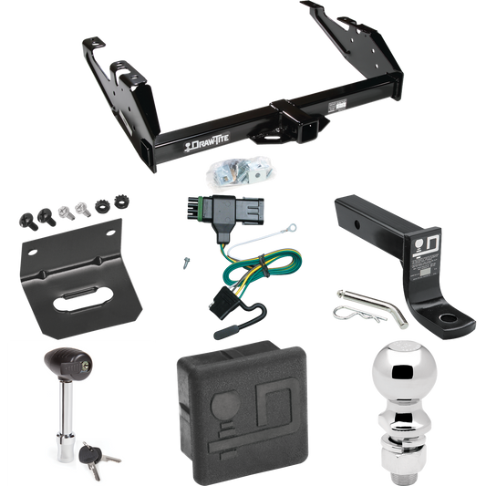 Fits 1988-2000 GMC K3500 Trailer Hitch Tow PKG w/ 4-Flat Wiring + Ball Mount w/ 4" Drop + 2-5/16" Ball + Wiring Bracket + Hitch Lock + Hitch Cover By Draw-Tite