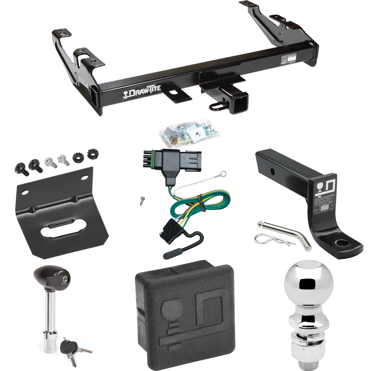 Fits 1988-2000 GMC C2500 Trailer Hitch Tow PKG w/ 4-Flat Wiring + Ball Mount w/ 4" Drop + 2-5/16" Ball + Wiring Bracket + Hitch Lock + Hitch Cover By Draw-Tite