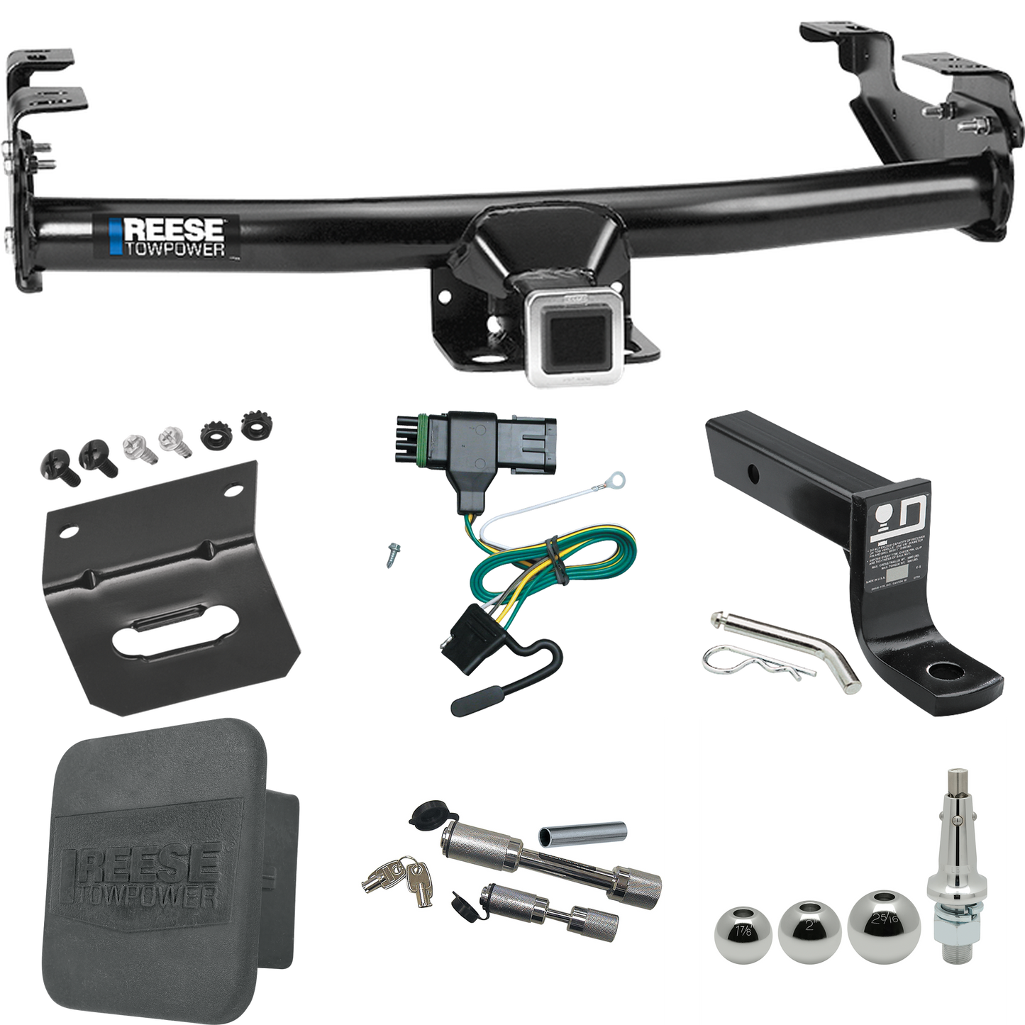 Fits 1988-2000 GMC C2500 Trailer Hitch Tow PKG w/ 4-Flat Wiring + Ball Mount w/ 4" Drop + Interchangeable Ball 1-7/8" & 2" & 2-5/16" + Wiring Bracket + Dual Hitch & Coupler Locks + Hitch Cover By Reese Towpower