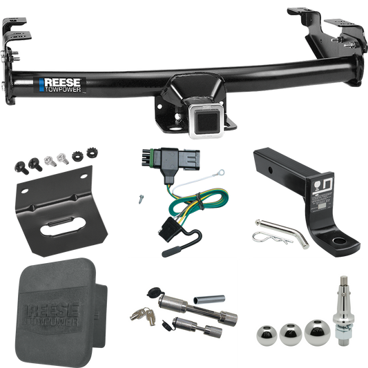 Fits 1988-2000 GMC C2500 Trailer Hitch Tow PKG w/ 4-Flat Wiring + Ball Mount w/ 4" Drop + Interchangeable Ball 1-7/8" & 2" & 2-5/16" + Wiring Bracket + Dual Hitch & Coupler Locks + Hitch Cover By Reese Towpower